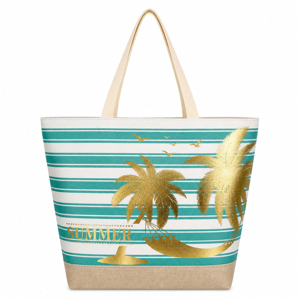 Palm-Print Striped Beach Tote (QS-BB-004) – product view 2